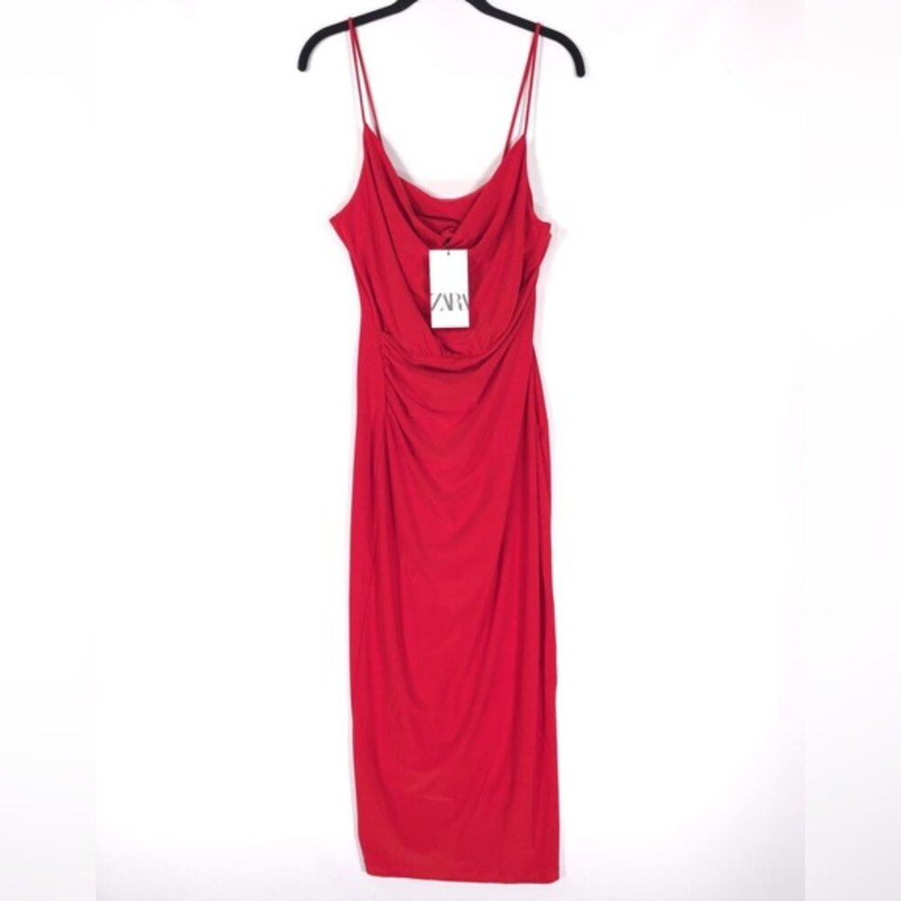 NWT ZARA Women’s Midi Dress Strappy Ruched Red Slip Faux‎ Wrap 1165/1740 MEDIUM